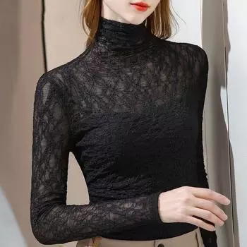 Осенняя новая стильная футболка с кружевной внутренней частью - высококачественная рубашка с кружевным дном для женщин XL чёрный