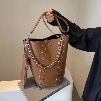Осенняя новая сумка-ведро из искусственной кожи с заклепками, 2 шт./комплект, женская винтажная сумка через плечо для мотоцикла, высококачественная сумка через плечо