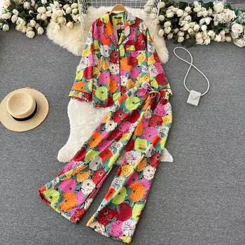 Осенняя новая свободная рубашка с цветочным принтом и лацканами, повседневные брюки с широкими штанинами, женский комплект из двух предметов