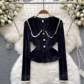 Осенняя новая талия, черный бархатный кукольный воротник, дизайн Sense Niche и однобортная рубашка