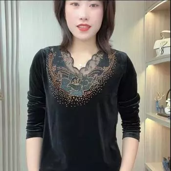 Осенняя новая темпераментная рубашка из золотистого бархата для мам, футболка для женщин среднего и пожилого возраста на весну и осень с кружевным топом в иностранном стиле XL розы красного