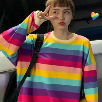 Осенняя новая тонкая женская футболка с длинными рукавами в радужную полоску, женская свободная футболка в стиле Харадзюку, интернет-знаменитость, тот же стиль, топ M