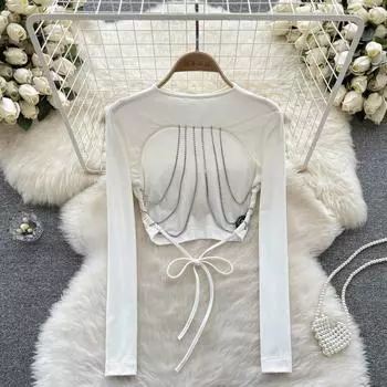 Осенняя новая женская футболка с длинными рукавами и шнуровкой в европейском и американском стиле, дизайн Sense Chain, шнуровка и шнуровка