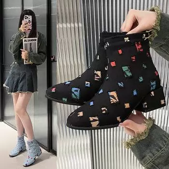 Осенняя новая женская обувь Ботильоны с круглым носком Толстый каблук Лоскутные женские джинсовые сапоги 35