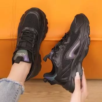 Осенняя новая женская обувь из вулканизированной кожи на платформе, повседневные кроссовки для женщин, обувь на плоской подошве, удобные кроссовки для бега, массивная спортивная обувь 35 чёрный