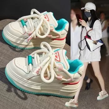 Осенняя новая женская обувь с увеличенным берцем, кроссовки с толстой подошвой, цветные противоскользящие, износостойкие, на шнуровке, одинарные туфли 35 бежевый