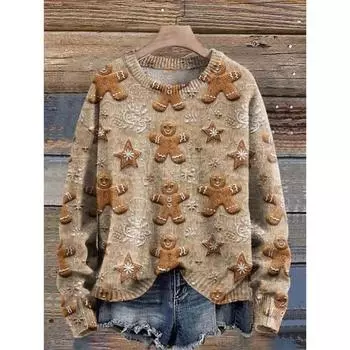 Осенняя новая женская одежда 3D цифровая имитация круглого выреза свитера с принтом, с открытыми плечами и длинными рукавами, повседневная универсальная S