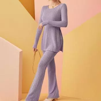 Осенняя новая женская одежда однотонный цвет темперамент длинный рукав топ расклешенные брюки повседневный комплект S абрикосовый