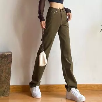 Осенняя новая женская одежда свободные повседневные широкие джинсовые брюки с высокой талией и тонкие прямые брюки в пол сексуальная одежда S коричневый