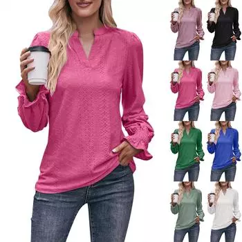 Осенняя новая женская однотонная футболка с v-образным вырезом и длинными рукавами, топ с рукавами-зонтиками XL