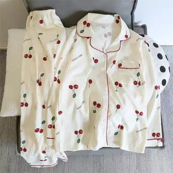 Осенняя новая женская пижама из искусственного шелка Kawai Button Cardigan Set 2 Piece Bunny Sweet Pajama Set Women M