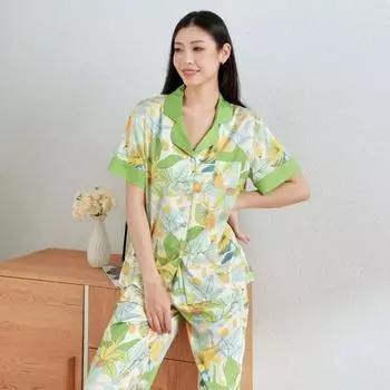 Осенняя новая женская пижама с принтом, короткий рукав, домашняя одежда и комплект брюк с принтом M