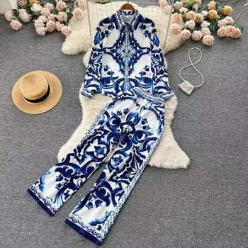 Осенняя новая женская свободная рубашка с длинными рукавами и принтом темперамента, повседневные длинные брюки с высокой талией, женский костюм