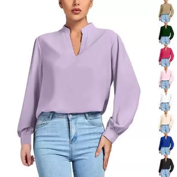 Осенняя новая женская свободная рубашка с v-образным вырезом и длинными рукавами, топ M бежевый