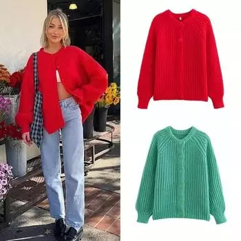 Осенняя новинка для женщин, модный и повседневный универсальный однобортный вязаный свитер с круглым вырезом S зелёный