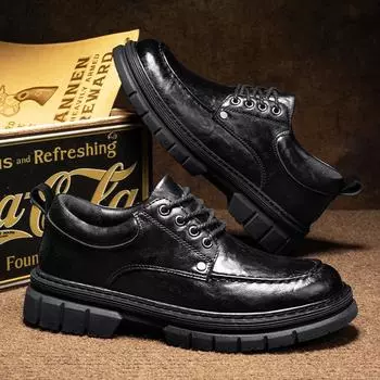 Осенняя новинка из микрофибры, кожаная поверхность, черная, деловая, универсальная, маленькая, кожаная обувь, толстая подошва, усиливающая шнуровку, круглая мужская обувь 39