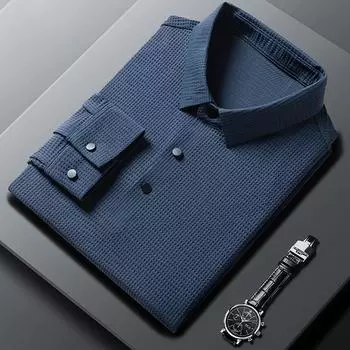 Осенняя новинка, однотонная сетка, мужская повседневная модная рубашка-поло с длинными рукавами для мужчин среднего возраста M/105