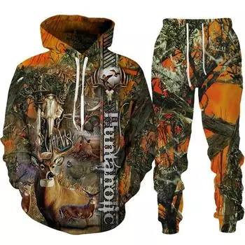 Осенняя новинка охота на оленей с капюшоном толстовка с капюшоном 3D-принт повседневная мужская камуфляжная кофта толстовка брюки костюм мужская одежда S
