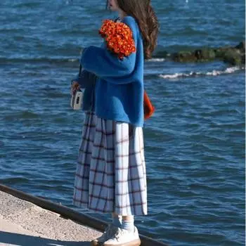 Осенняя новинка ретро средней длины синяя клетчатая юбка плюс утолщенный бархат клетчатая юбка с высокой талией плиссированная юбка S