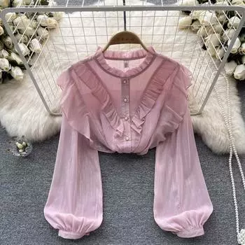 Осенняя новинка, великолепная шифоновая рубашка с длинными рукавами и деревянными ушками, рукавами-фонарями, сотня с блузками, сказочный темперамент, шикарная шифоновая рубашка