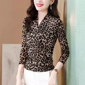 Осенняя новинка, женская футболка с длинными рукавами, леопардовый принт, тонкий топ в иностранном стиле, женская нижняя рубашка M