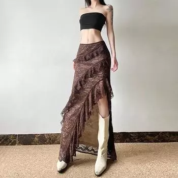 Осенняя облегающая длинная юбка с высокой талией и кружевными оборками L коричневый