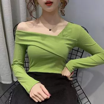 Осенняя облегающая сексуальная футболка с открытыми плечами, женская модная элегантная однотонная футболка с косым воротником, женская винтажная повседневная футболка с длинным рукавом 25537 S белый