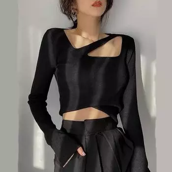 Осенняя облегающая трикотажная футболка с длинным рукавом, женская уличная черная основа с вырезом, сексуальные футболки, женские модные нижние элегантные повседневные женские футболки 24615 One Size чёрный