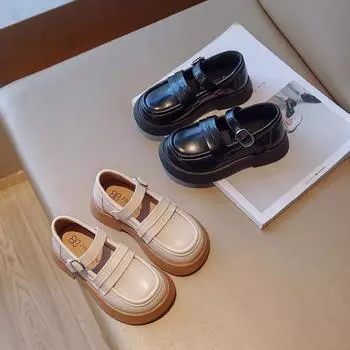 Осенняя обувь для девочек, мягкая искусственная кожа, черный, бежевый, лаконичный стиль, детская обувь на плоской подошве с крючками, 23–36 лет, модная гибкая детская обувь Мэри Джейн 23 бежевый