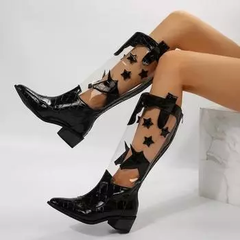 Осенняя обувь для женщин, женские сапоги до колена с застежкой-молнией сзади, квадратный каблук с острым носком, женская обувь больших размеров, прозрачные женские сапоги 35 покинуть белый