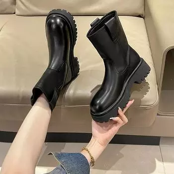 Осенняя обувь, женские ботинки из спилковой кожи, с круглым носком и толстым каблуком, женские туфли, зимние короткие ботинки с эластичной резинкой, современные ботинки для женщин 35 чёрный