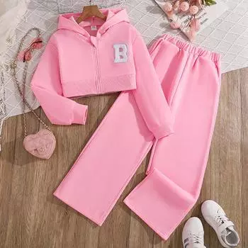 Осенняя одежда для девочек, детский костюм среднего и большого размера, детская модная рубашка с длинными рукавами и капюшоном на молнии, повседневные брюки, 2 шт. 130cm/8Y розовый