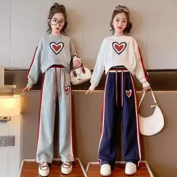 Осенняя одежда для девочек-подростков, детский топ с надписью «улыбка» и комплект брюк с высокой талией, детский пуловер, брюки, костюм из 2 предметов, спортивный костюм 170 белый
