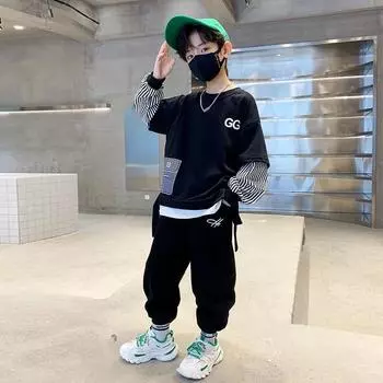 Осенняя одежда для мальчиков, детский полосатый свитер, пуловер, топ и штаны, комплект из 2 предметов, детский спортивный костюм с круглым вырезом для девочек и длинными рукавами 150cm чёрный