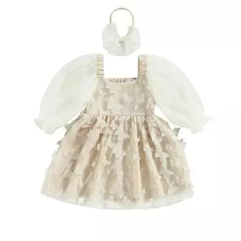 Осенняя одежда для маленьких девочек 0-5 лет, платье принцессы с бабочкой, платье трапециевидной формы с длинными рукавами, повязка на голову, комплект из 2 предметов 3-4 Years абрикосовый