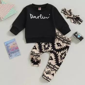 Осенняя одежда для маленьких девочек, топы с длинными рукавами и буквенным принтом, штаны с геометрическим узором, повязка на голову, повседневный комплект из 3 предметов, 6 месяцев, 12 месяцев, 18 месяцев, 24 месяца, 3 года 0-6 Months чёрный