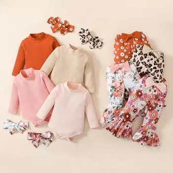Осенняя одежда для новорожденных девочек, однотонный комбинезон с длинными рукавами + штаны с цветочным принтом, комплект из 3 предметов с повязкой на голову 70