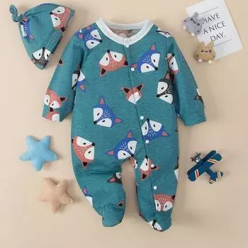 Осенняя одежда для новорожденных, комбинезон для маленьких мальчиков и девочек + шапка, комбинезон с мультяшным принтом, хлопковый комбинезон с длинными рукавами S