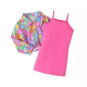 Осенняя одежда из 2 предметов для маленьких девочек, платье-комбинация без рукавов + куртка с длинными рукавами и принтом медведя, комплект детской одежды 6 Years розы красного