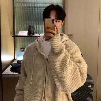 Осенняя одежда Мужская легкая трикотажная ленивая стильная кардиган с капюшоном на молнии свитер корейский винтажный популярный длинный рукав с капюшоном на молнии трикотажная одежда XXL чёрный