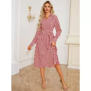 Осенняя одежда с длинными рукавами, V-образный вырез, принт «Тысяча птиц», платье-рубашка, облегающее, темпераментное, маленькое, ароматное, ветреное платье S красный