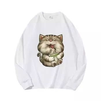 Осенняя одежда с рисунком «Молочный чай с котом» из чистого хлопка с длинными рукавами, новый мужской и женский топ, весенний внутренний слой, базовая рубашка, футболка с круглым вырезом и длинными рукавами M коричневый