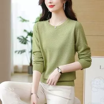 Осенняя одежда Свитера ранней осени Весенние и осенние свитера для мам Осенние топы с круглым вырезом и длинными рукавами Трикотажные топы Женские базовые рубашки M зелёный