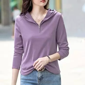 Осенняя однотонная футболка с капюшоном и длинными рукавами, повседневная свободная футболка на молнии, универсальная, для похудения, женская одежда, футболки женские M белый