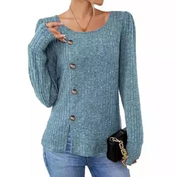 Осенняя однотонная футболка с круглым вырезом и пуговицами, с длинным рукавом, свободным кроем и разрезом, женская весенняя повседневная футболка S серый