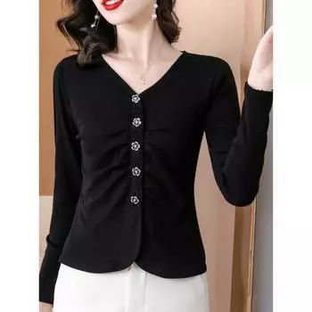 Осенняя однотонная футболка с V-образным вырезом и длинными рукавами, женская футболка в иностранном стиле с тонкой талией и небольшим верхом M
