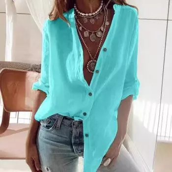 Осенняя однотонная хлопковая смесь блузки без рукавов свободная рубашка с V-образным вырезом и длинными рукавами топ для женщин S белый