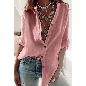 Осенняя однотонная хлопковая смесь блузки без рукавов свободная рубашка с V-образным вырезом и длинными рукавами топ для женщин S розовый