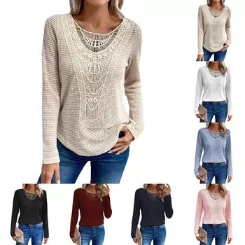 Осенняя однотонная кружевная лоскутная футболка с кружевом и круглым вырезом, женская футболка с длинными рукавами для женщин