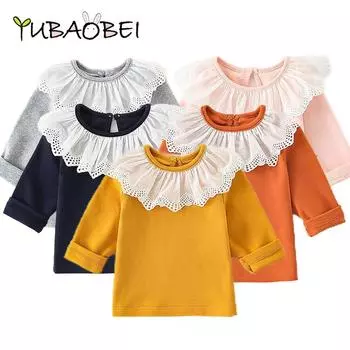 Осенняя однотонная рубашка для новорожденных девочек, корейские универсальные блузки с кружевным воротником и длинными рукавами, топы, весенняя детская одежда 9M белый